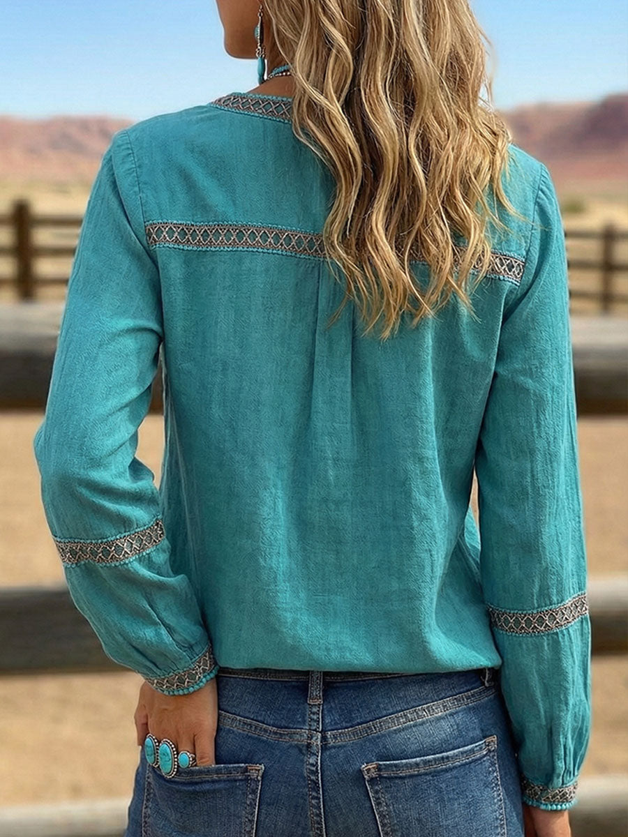 Women's Western V-neck Long Sleeve Casual Top