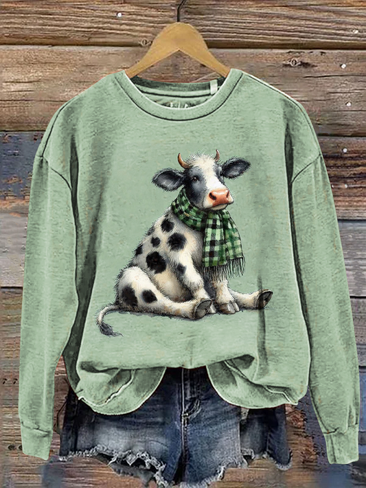 Vintage Cow Art Prints Casual Cotton Sweatshirt