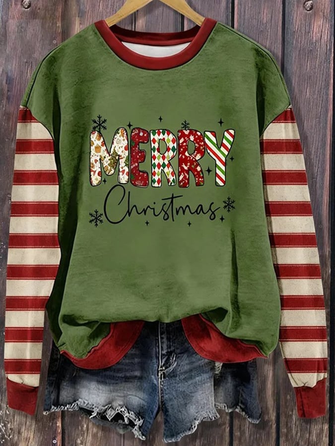 Women's Contrast Christmas Print Crew Neck Sweatshirt