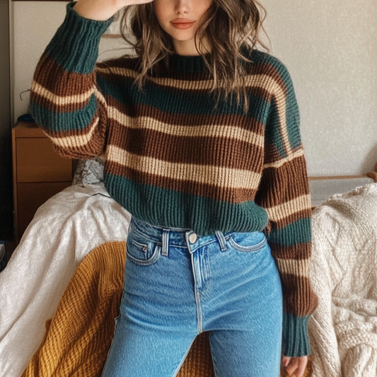 Women's Vintage Striped Ethnic Style Print Round Neck Oversized Sweatshirt