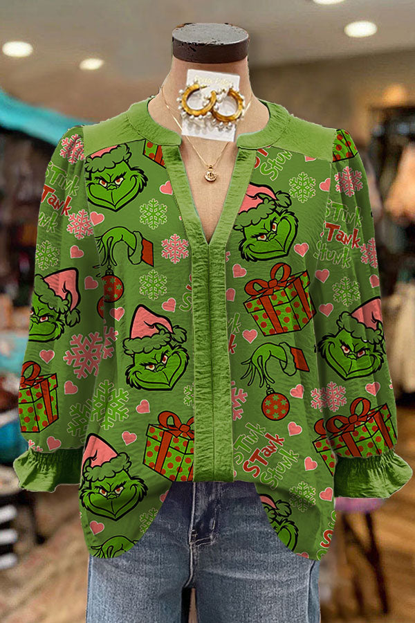 V-neck Grinch Christmas Print Puff Sleeve Top