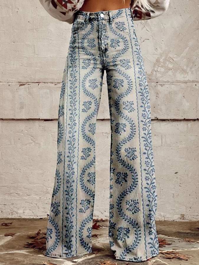 Women's Vintage Botanical Floral Wide Leg Pants