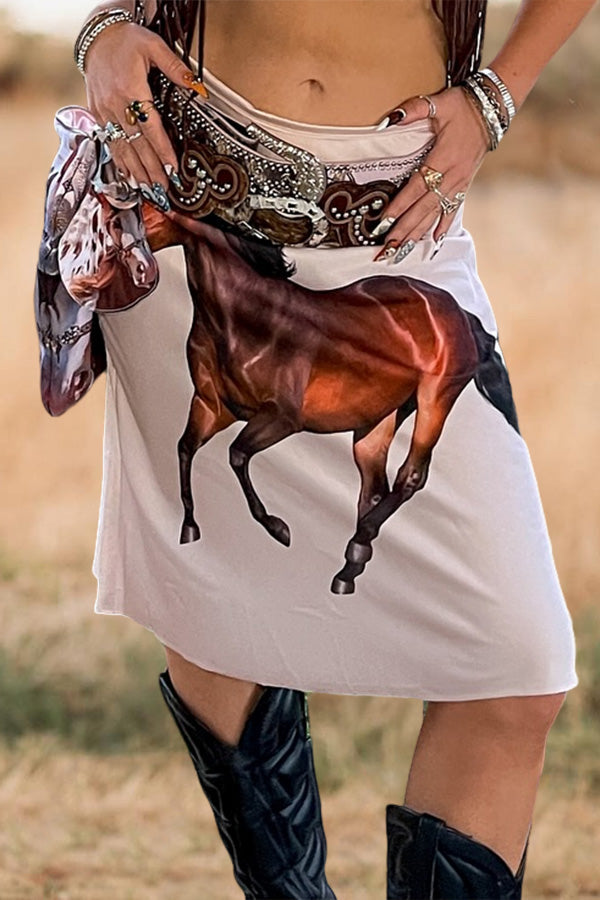 Retro Casual Horse Print Skirt