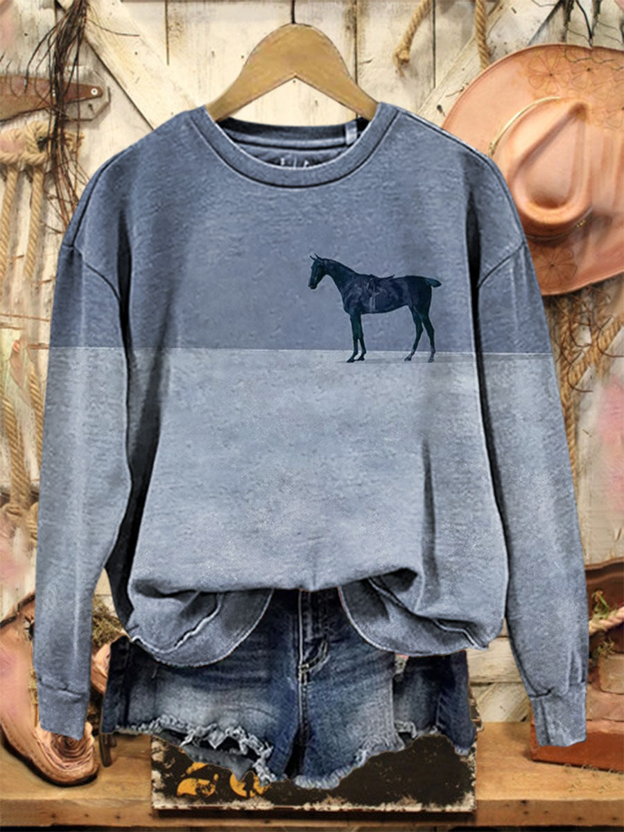 Vintage Horse Art Print Casual Cotton Sweatshirt
