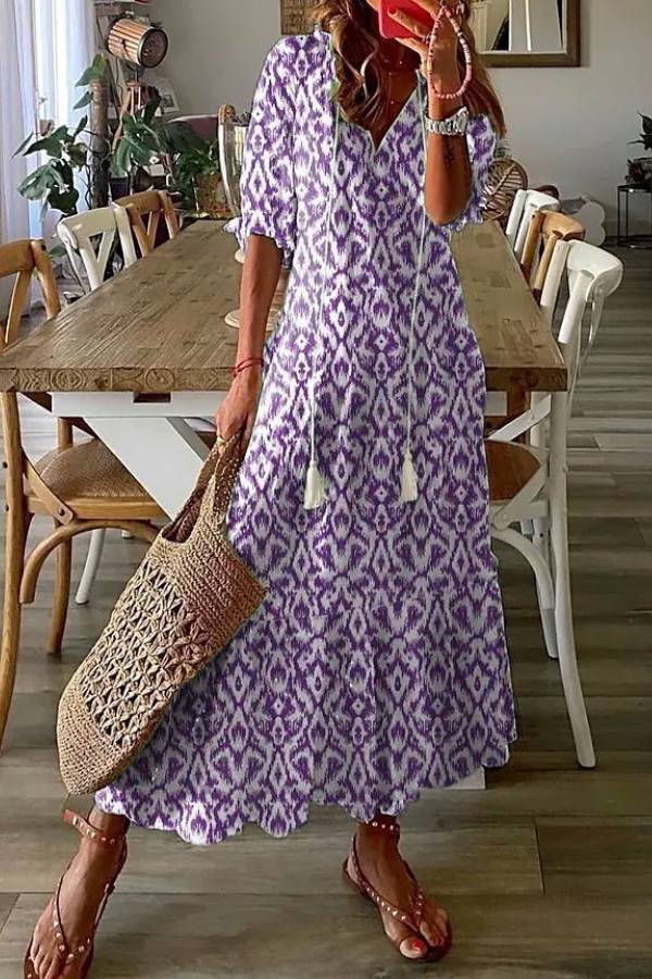 Geometric Print Casual V Neck Maxi Dress