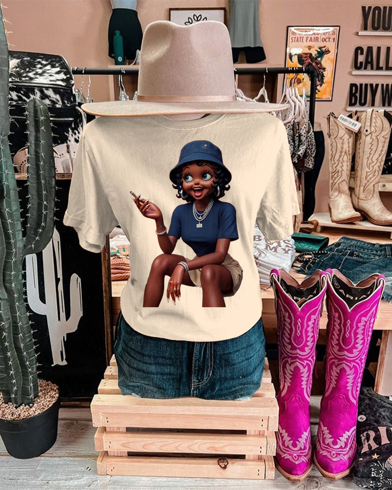 Casual Bucket Hat Black Girl Crew Neck Short Sleeve Cotton T-shirt