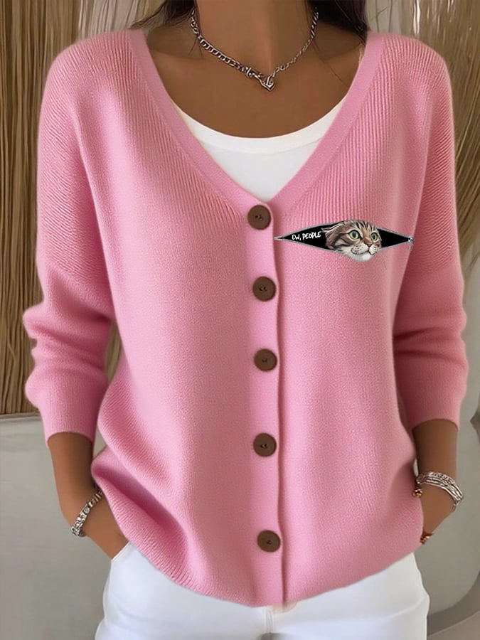 Women's Ew People Cat Print Casual Knitted Cardigan