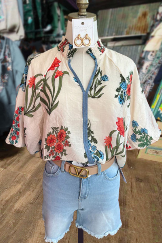 Floral Print V-Neck Puff Sleeve Top