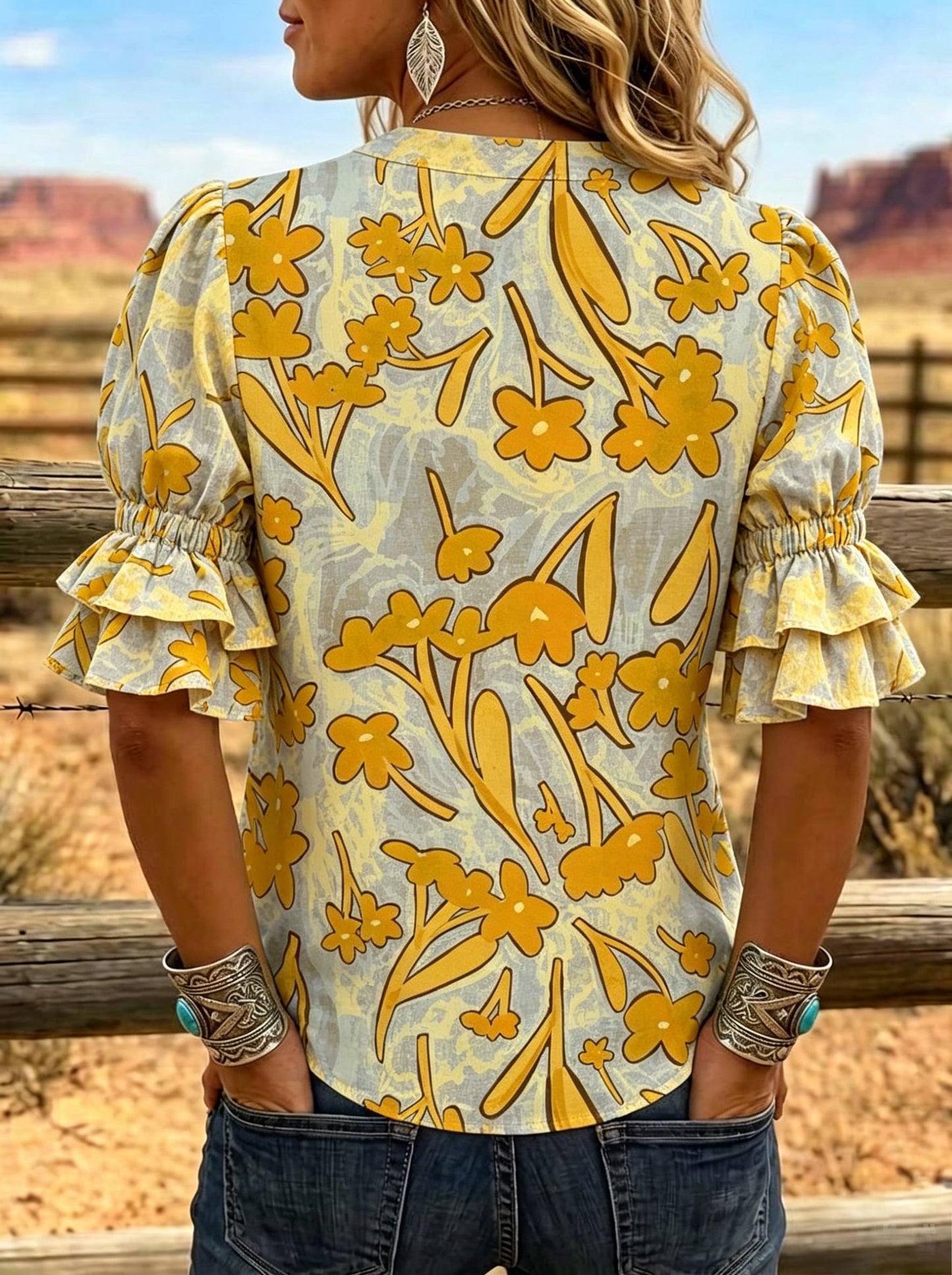 Women's Floral Print Puff Sleeve Casual Shirt