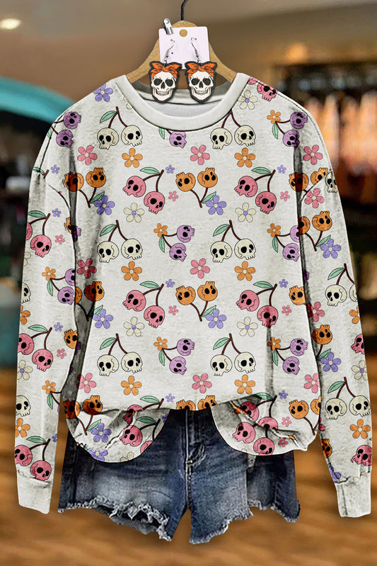 Cute Girly Floral Skull Cherry Print Sweatshirt