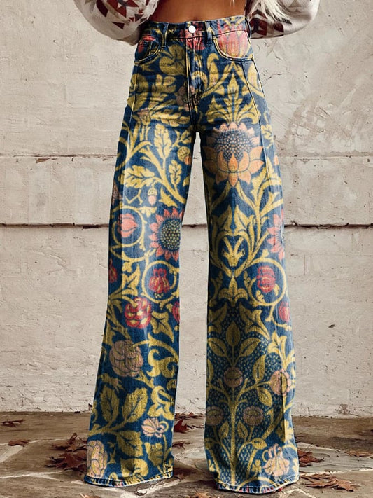 Women's Vintage Botanical Floral Wide Leg Pants