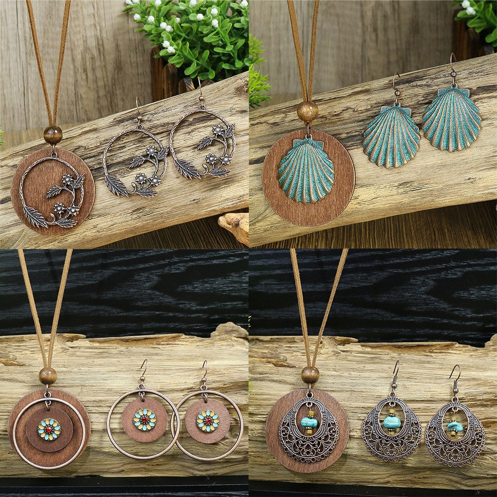 Retro Wooden Necklace Earring Set