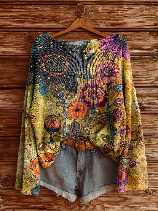 Women's Vintage Bohemian Floral Art Print Casual Pullover Sweater