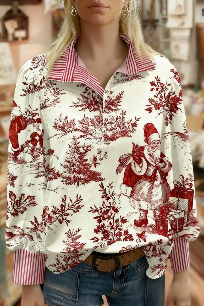Vintage Christmas Santa Print Striped Long Sleeve Top