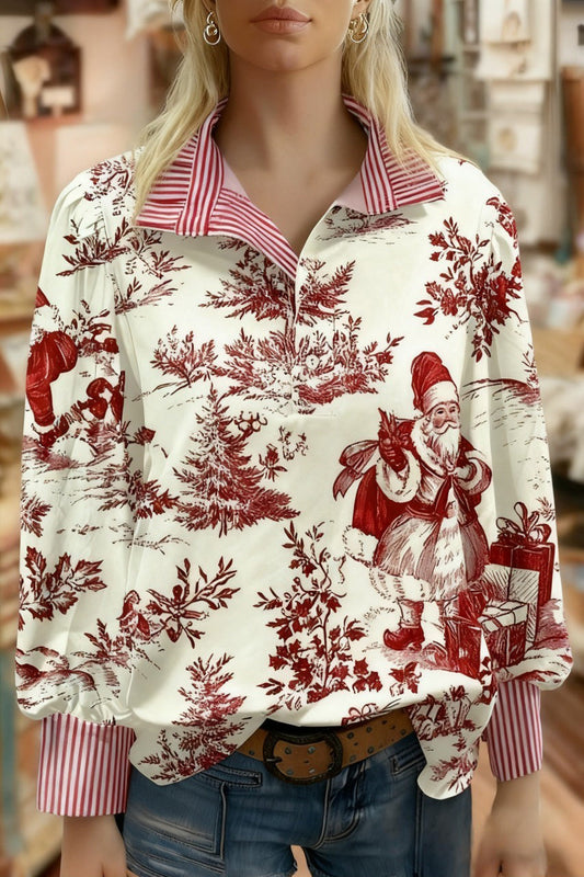 Vintage Christmas Santa Print Striped Long Sleeve Top