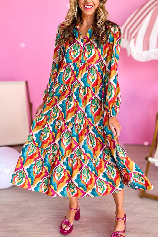 Multicolor Abstract Geometric Print Notch Neck Tiered Boho Dress