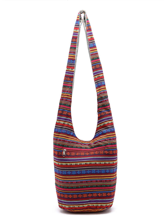 Ethnic Striped Print Zipper Large Capacity Bucket Bag