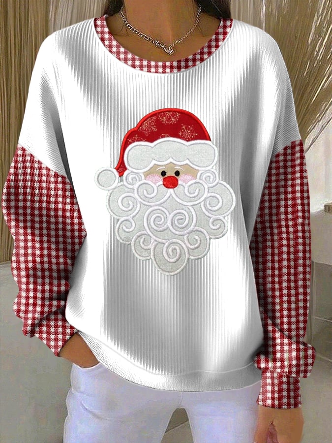 Women's Santa Claus Print Knitted Crew Neck Long Sleeve Top