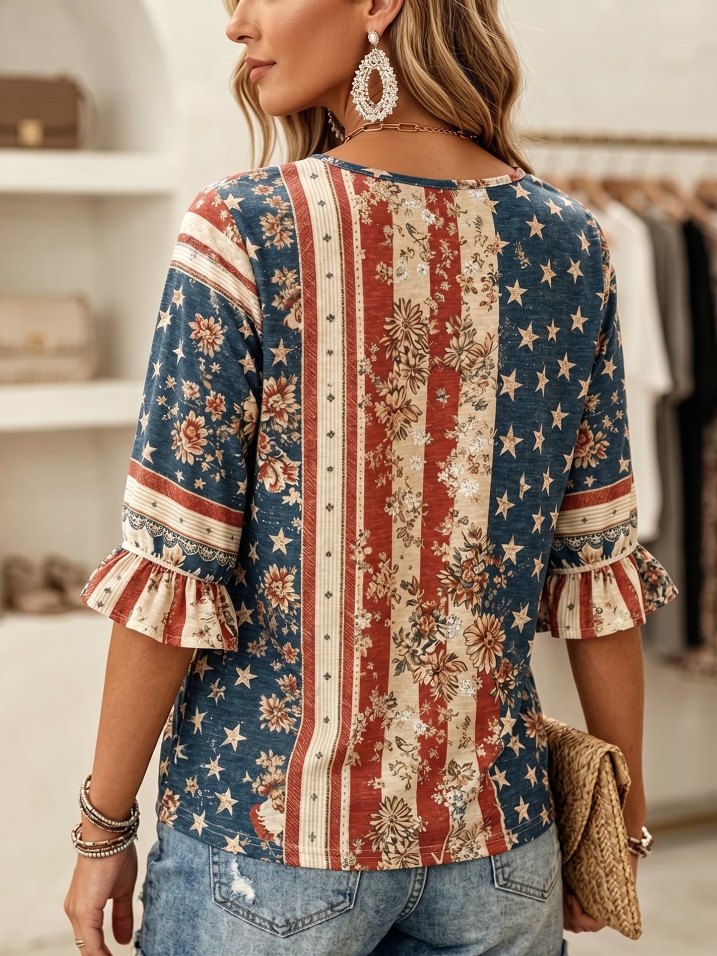 Women's Vintage American Flag Print Patchwork Casual Shirt