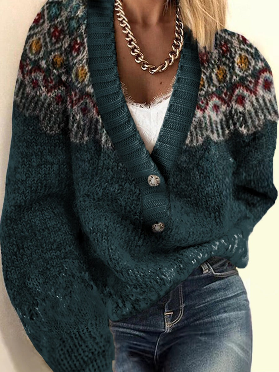 Women's Retro Ethnic Print Casual V-neck Pullover Knit