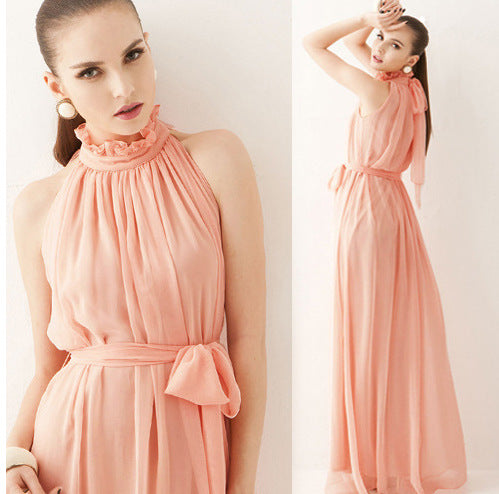 Halter Neck Ruffle Chiffon Maxi Dress | 9 Colors Available Tie Waist Evening Gown