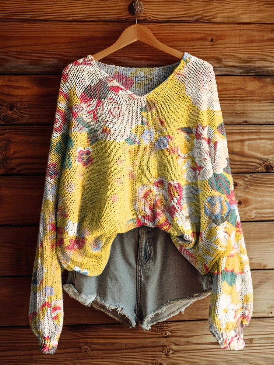 Women's Bohemian Floral Art Pattern Print Casual V Neck Pullover Sweater