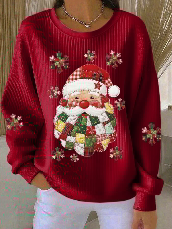 Women's Santa Claus Print Knitted Crew Neck Long Sleeve Top