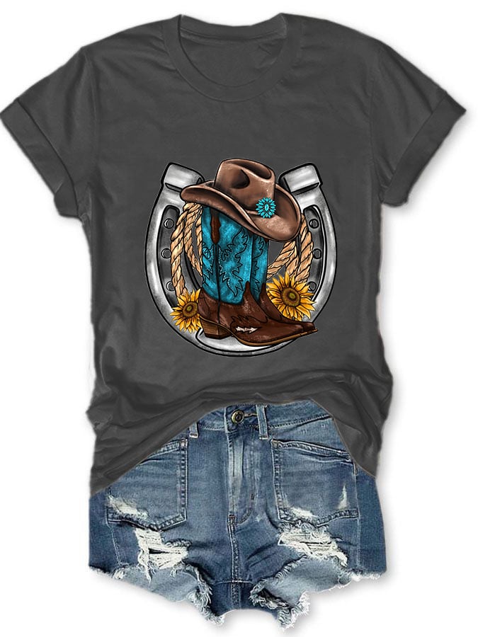 Women's Turquoise Western Boots Print Short Sleeve T-Shirt