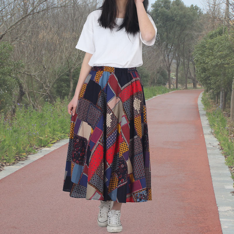 Cotton and linen printed maxi skirt | Retro ethnic style elastic waist midi skirt