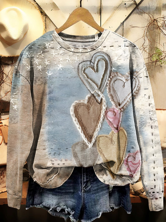 Women's Valentine's Day Vintage Heart Pattern Print Crew Neck Sweatshirt
