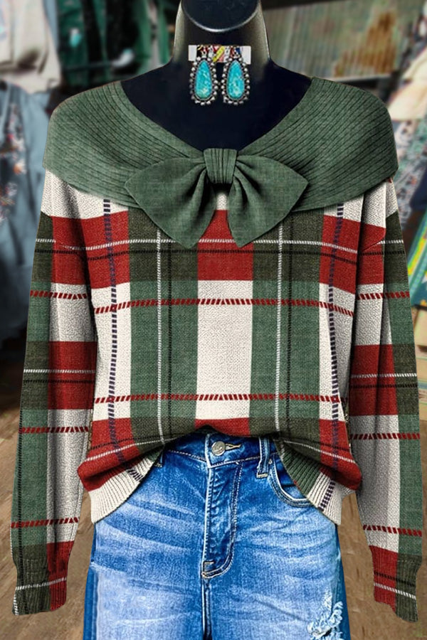 Classic Checkered Bow Detailed Long Sleeve Sweater