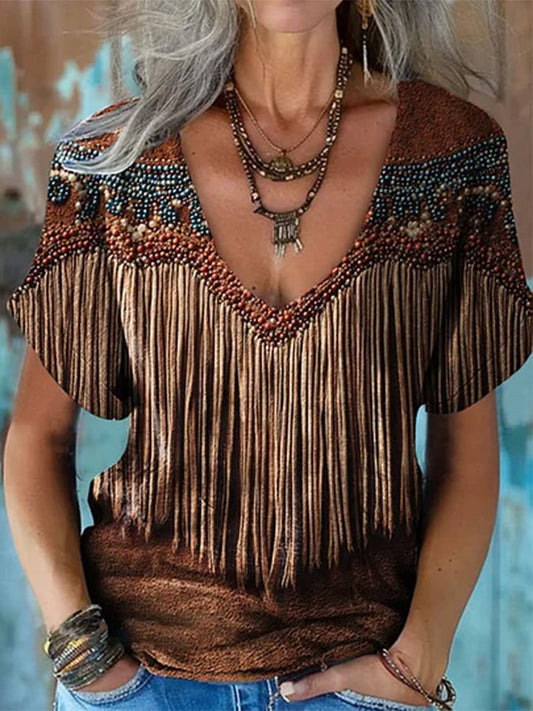 Women's Vintage Western Print V-Neck T-Shirt