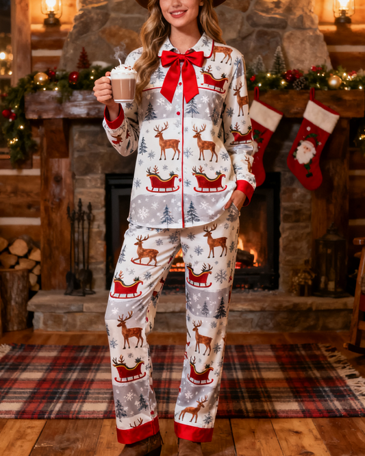 Women's Christmas Elk Pattern Bow Long Sleeve Pants Suit