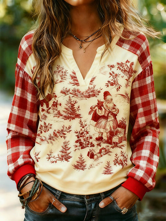 Vintage Christmas Santa Print Plaid Long Sleeve Top