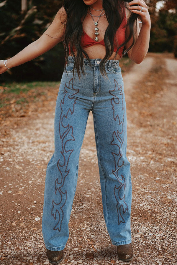 Retro Abstract Print Straight Leg Jeans