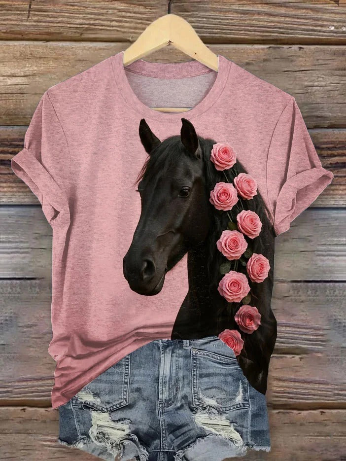 Women's Vintage Art Horse Print Casual  Cotton And Linen Shirt