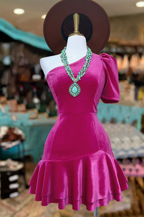 Pretty Ruffled One-Shoulder Velvet Dress