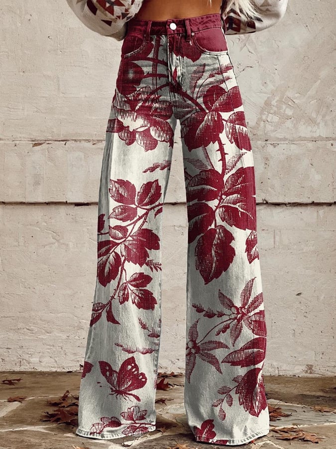 Women's Vintage Botanical Floral Wide Leg Pants