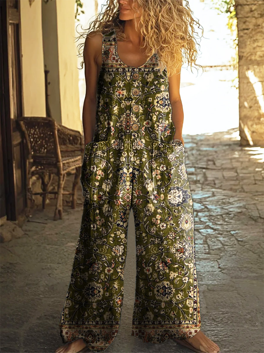 Women's Vintage Ethnic Totem Floral Art Print Casual 100% Cotton Wide Leg Jumpsuit