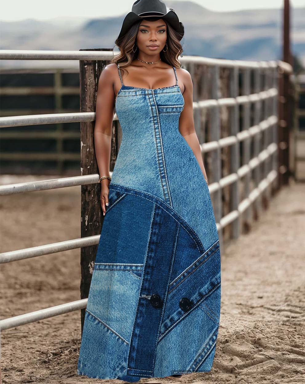 Sling Denim Patch Print Pocket Maxi Dress