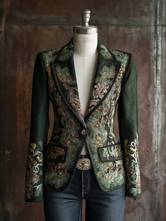Women's Vintage Western Christmas Evergreen Floral Print Blazer