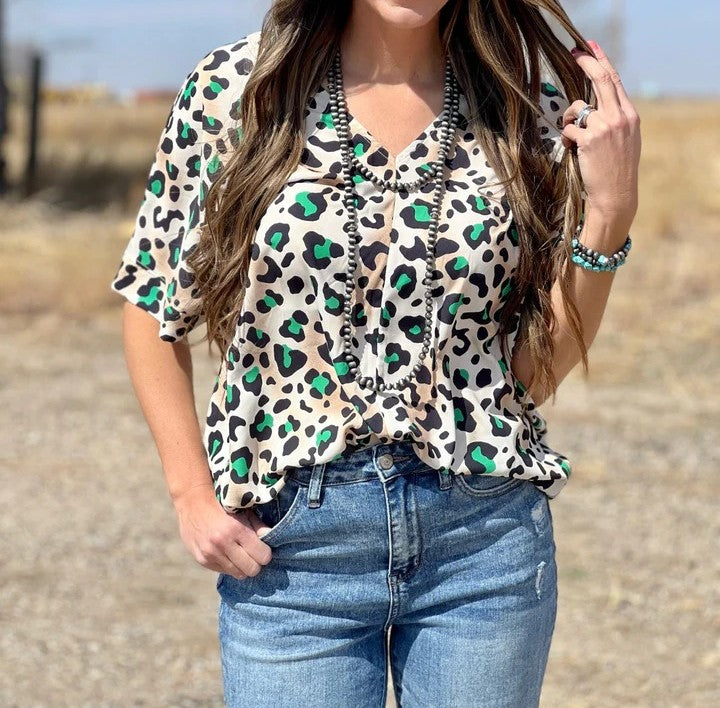 JOY CREAM & GREEN LEOPARD BLOUSE