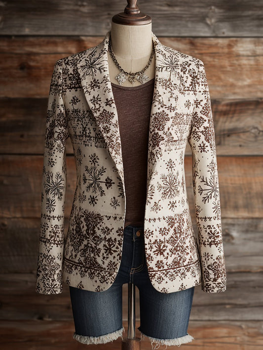 Women's Vintage Western Christmas Snowflake Print Blazer