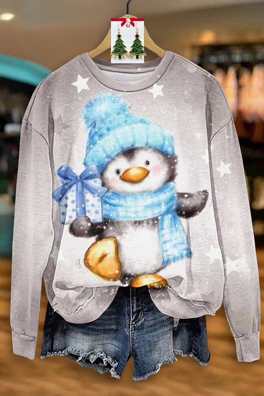 Casual Christmas Penguin Print Long Sleeve Top