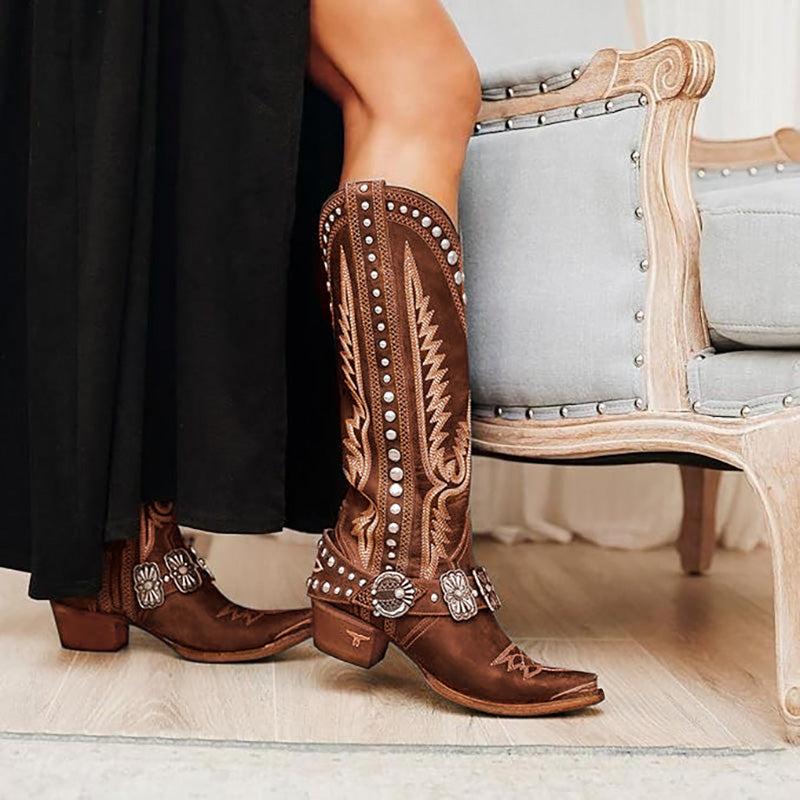 Western Style Stud Embroidered Boots