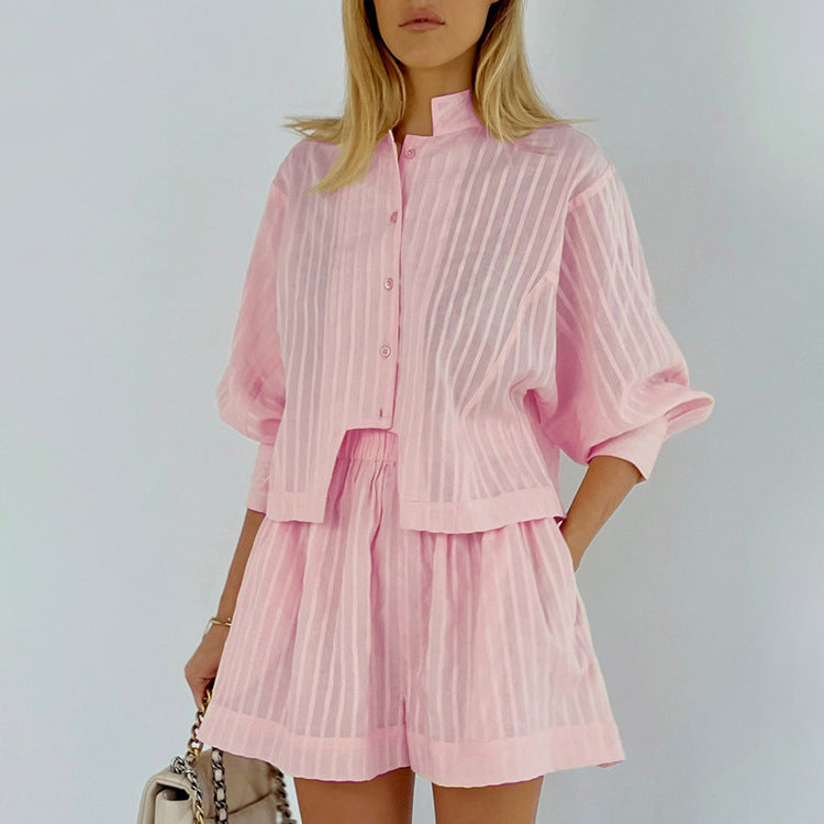 Cardigan Shorts Striped Suit Two-Piece Set