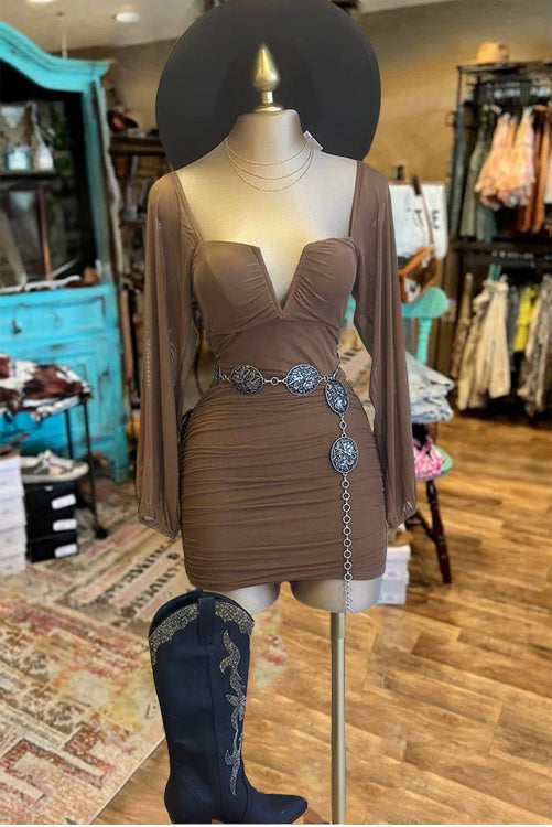 Beautiful Deep V Neck Brown Long Sleeve Dress