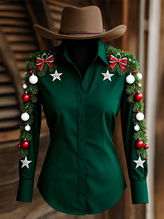 Women's Vintage Christmas Lights Western Long Sleeve Shirt