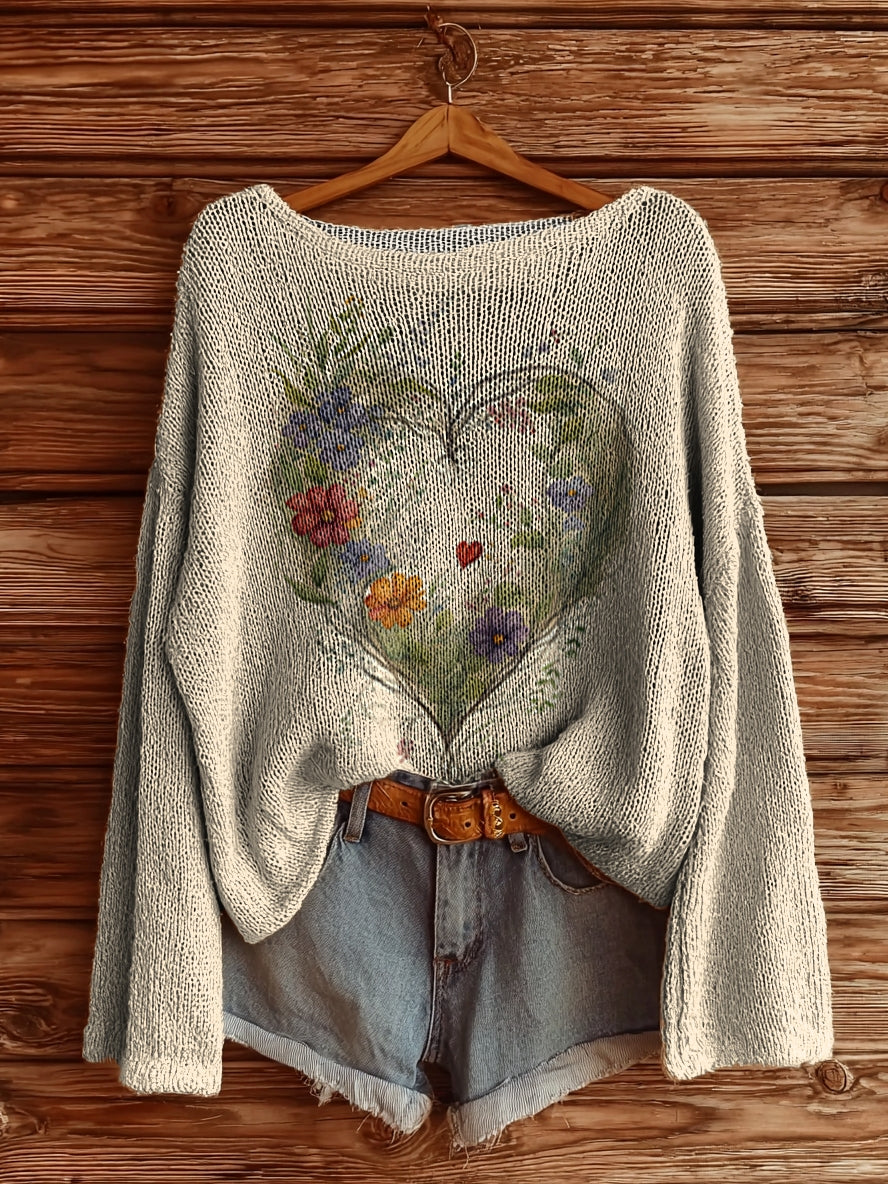 Women's Floral Heart Pattern Art Print Casual Pullover Sweater