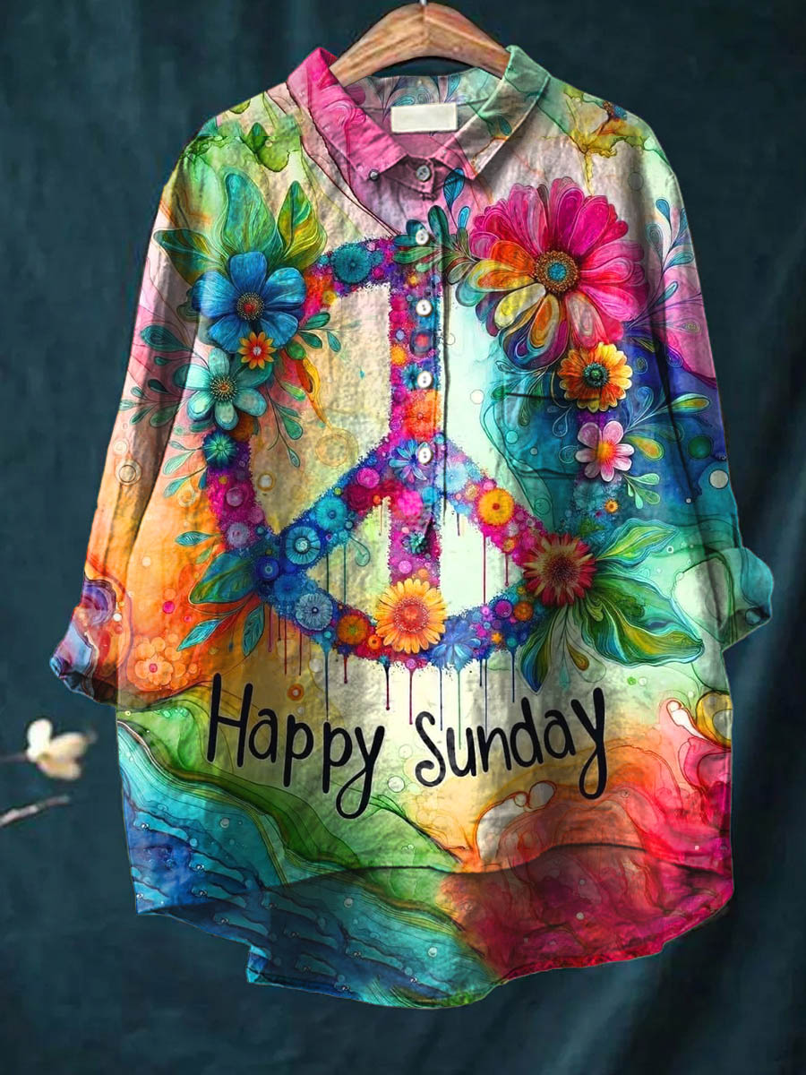 Happy Sunday Peace And Love Flower Art Pattern Print Casual Cotton And Linen Shirt